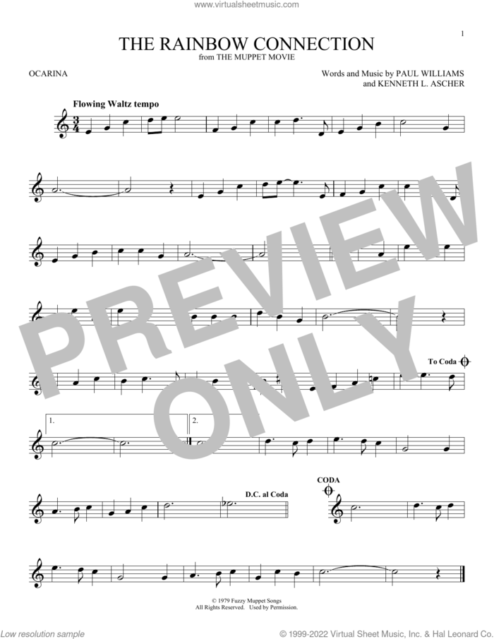 The Rainbow Connection sheet music for ocarina solo by Paul Williams and Kenneth L. Ascher, intermediate skill level