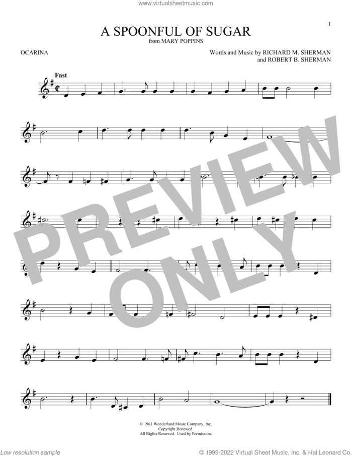 A Spoonful Of Sugar (from Mary Poppins) sheet music for ocarina solo by Richard M. Sherman, Robert B. Sherman and Sherman Brothers, intermediate skill level