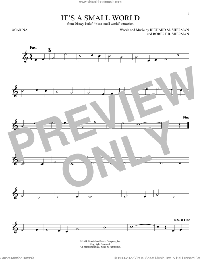 It's A Small World sheet music for ocarina solo by Richard M. Sherman, Robert B. Sherman and Sherman Brothers, intermediate skill level