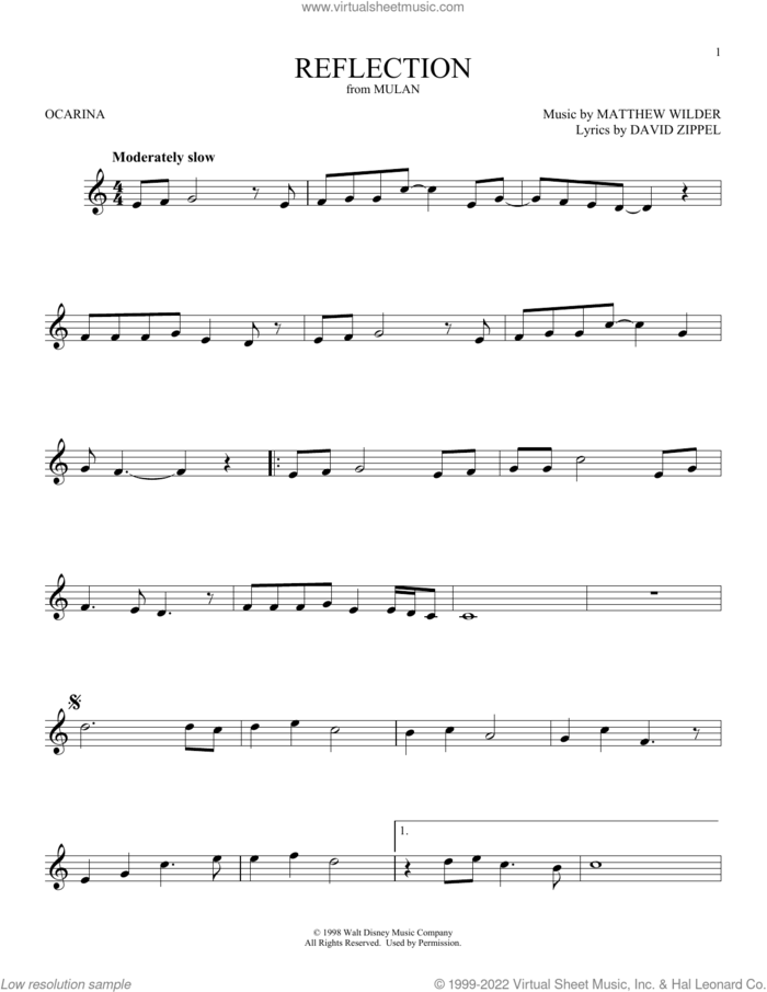 Reflection (from Mulan) sheet music for ocarina solo by David Zippel, Matthew Wilder and Matthew Wilder & David Zippel, intermediate skill level
