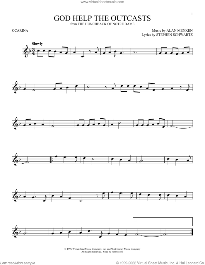 God Help The Outcasts (from The Hunchback Of Notre Dame) sheet music for ocarina solo by Bette Midler, Alan Menken and Stephen Schwartz, intermediate skill level