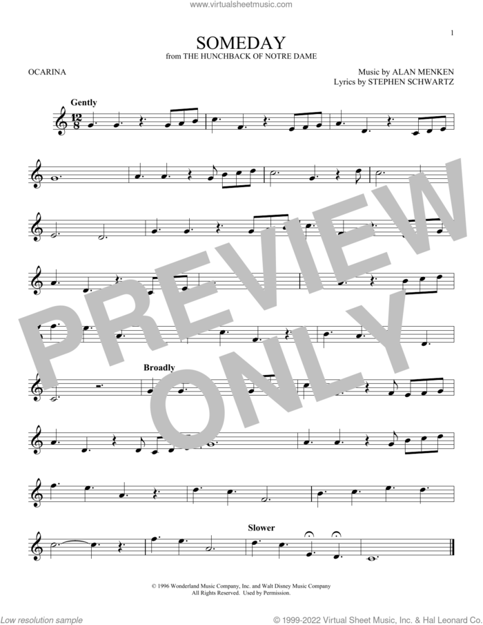 Someday (from The Hunchback Of Notre Dame) sheet music for ocarina solo by All-4-One, Alan Menken and Stephen Schwartz, intermediate skill level