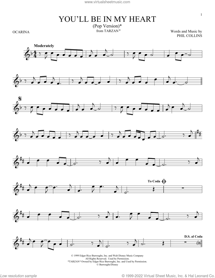 You'll Be In My Heart (from Tarzan) sheet music for ocarina solo by Phil Collins, intermediate skill level