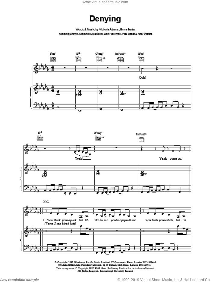 Denying sheet music for voice, piano or guitar by The Spice Girls, intermediate skill level