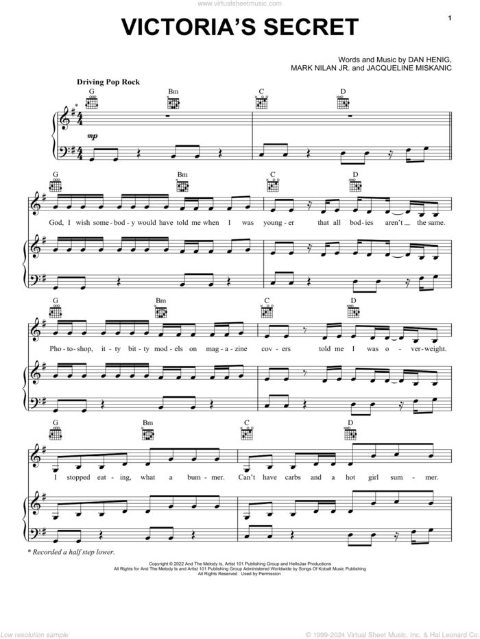 Victoria's Secret sheet music for voice, piano or guitar by Jax, Dan Henig, Jacqueline Miskanic and Mark Nilan Jr., intermediate skill level
