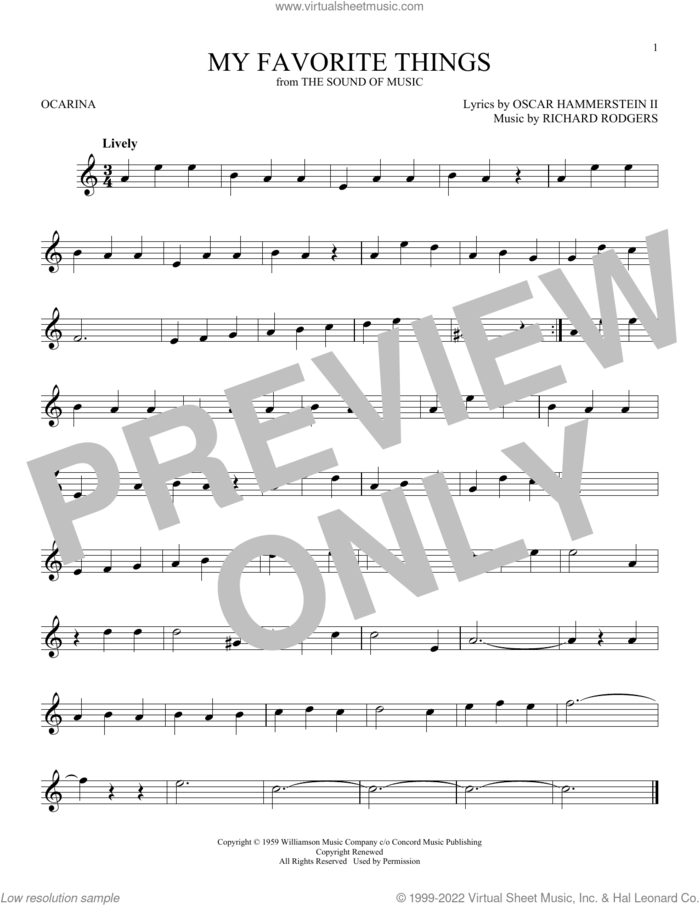 My Favorite Things (from The Sound Of Music) sheet music for ocarina solo by Richard Rodgers, Oscar II Hammerstein and Rodgers & Hammerstein, intermediate skill level