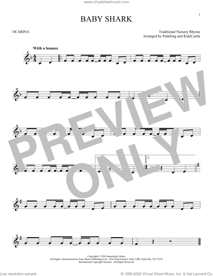 Baby Shark sheet music for ocarina solo by Pinkfong, KidzCastle (arr.) and Traditional Nursery Rhyme, intermediate skill level