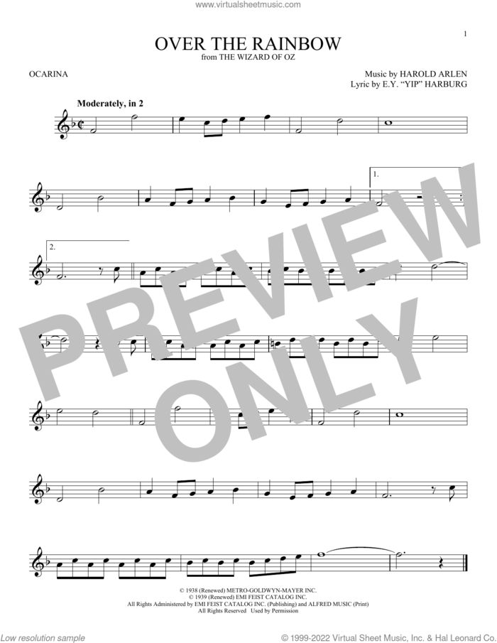 Over The Rainbow (from The Wizard Of Oz) sheet music for ocarina solo by Judy Garland, E.Y. Harburg and Harold Arlen, intermediate skill level