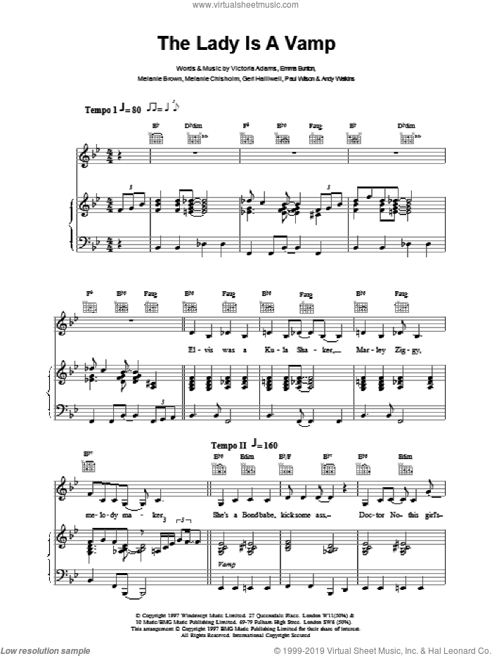 The Lady Is A Vamp sheet music for voice, piano or guitar by The Spice Girls, intermediate skill level