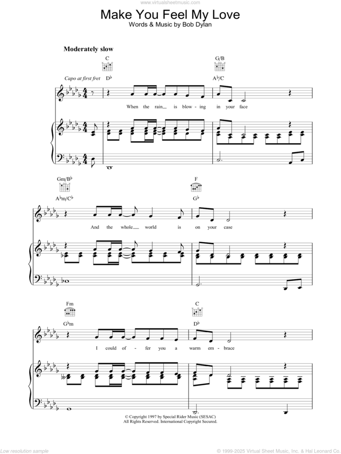 Make You Feel My Love sheet music for voice, piano or guitar by Bob Dylan, intermediate skill level