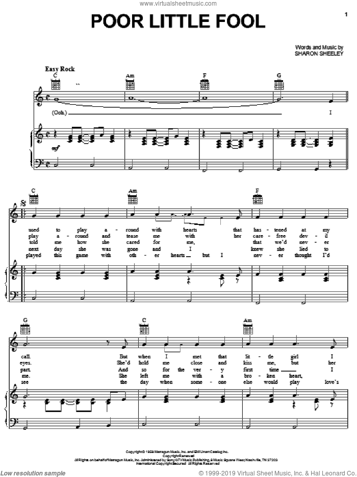 Poor Little Fool sheet music for voice, piano or guitar by Ricky Nelson and Sharon Sheeley, intermediate skill level