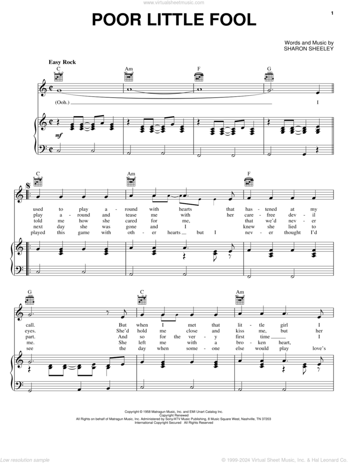 Poor Little Fool sheet music for voice, piano or guitar by Ricky Nelson and Sharon Sheeley, intermediate skill level