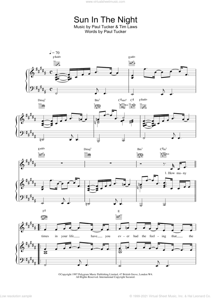 Sun In The Night sheet music for voice, piano or guitar by Lighthouse Family, intermediate skill level