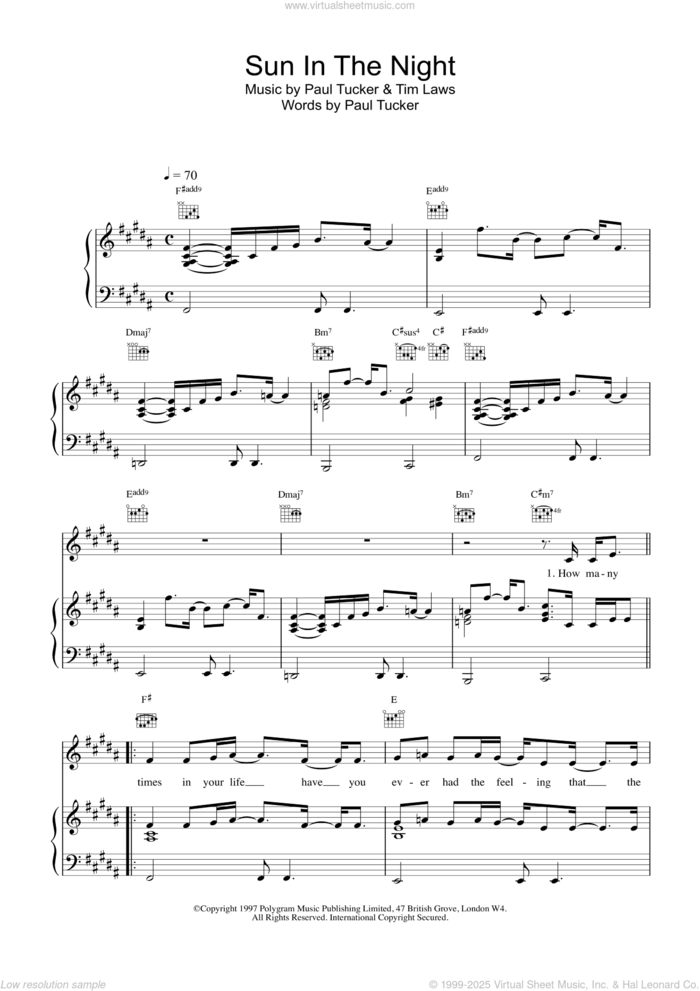 Sun In The Night sheet music for voice, piano or guitar by Lighthouse Family, intermediate skill level