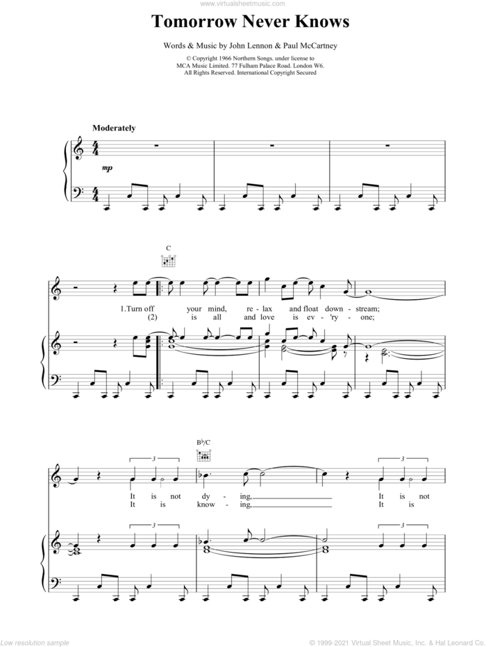 Tomorrow Never Knows sheet music for voice, piano or guitar by The Beatles, intermediate skill level