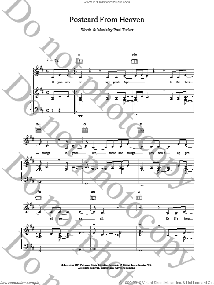 Postcard From Heaven sheet music for voice, piano or guitar by Lighthouse Family, intermediate skill level