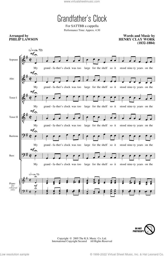 Grandfather's Clock (arr. Philip Lawson) sheet music for choir (SATTBB) by The King's Singers, Philip Lawson and Henry Clay Work, intermediate skill level