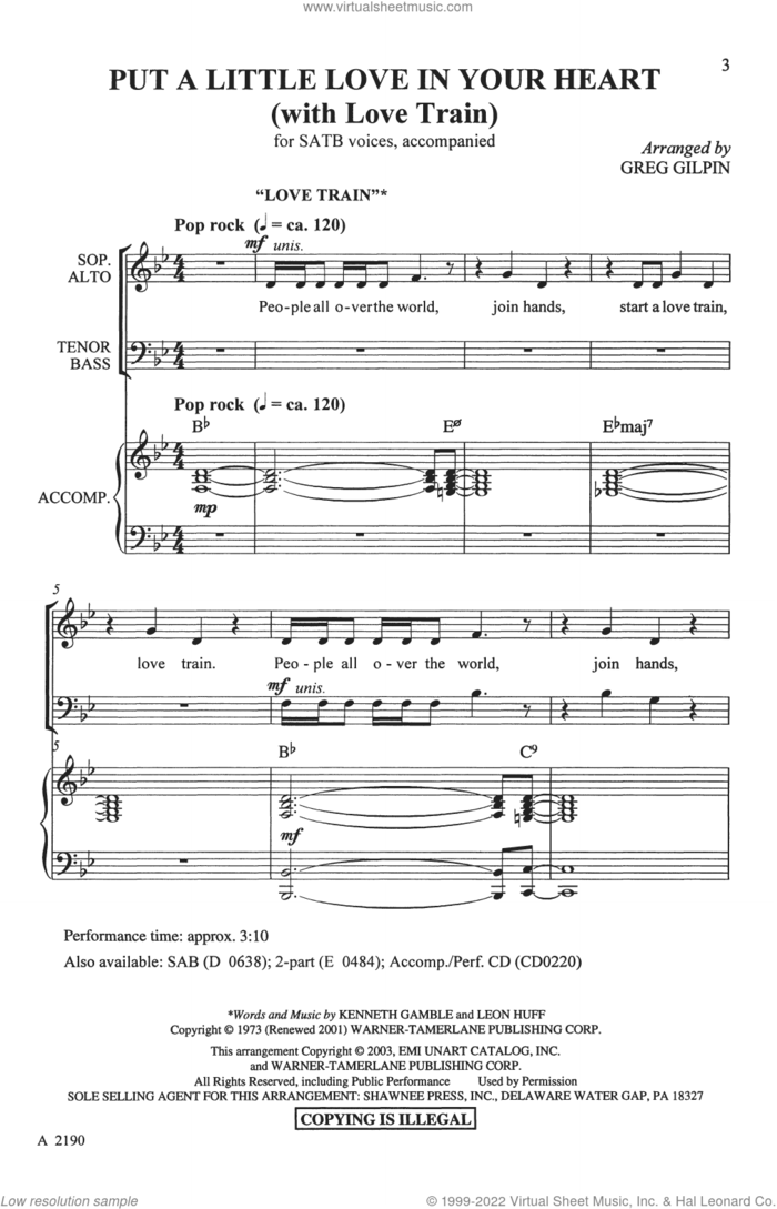 Put A Little Love In Your Heart (with Love Train) sheet music for choir (SATB: soprano, alto, tenor, bass) by Kenneth Gamble, Greg Gilpin, Jackie DeShannon, Jimmy Holiday, Leon Huff and Randy Myers, intermediate skill level