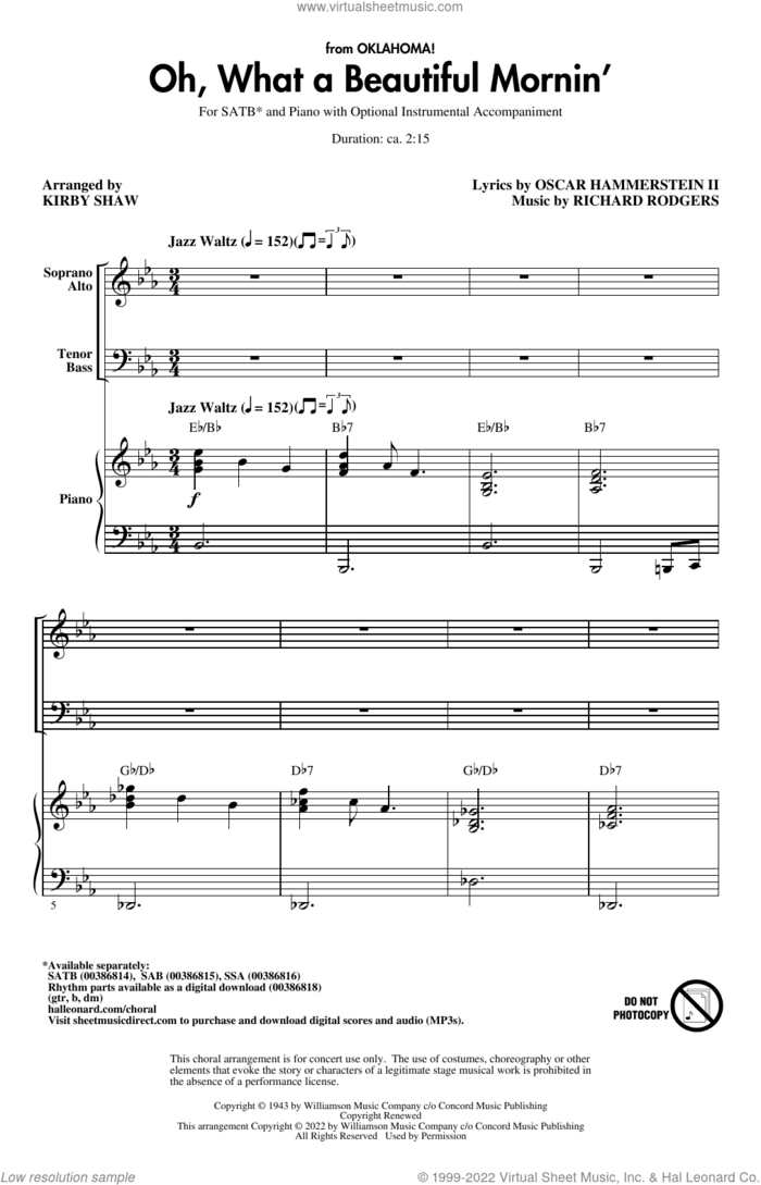 Oh, What A Beautiful Mornin' (from Oklahoma!) (arr. Kirby Shaw) sheet music for choir (SATB: soprano, alto, tenor, bass) by Rodgers & Hammerstein, Kirby Shaw, Oscar II Hammerstein and Richard Rodgers, intermediate skill level