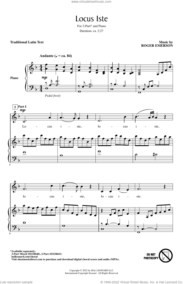 Locus Iste sheet music for choir (2-Part) by Roger Emerson and Miscellaneous, intermediate duet