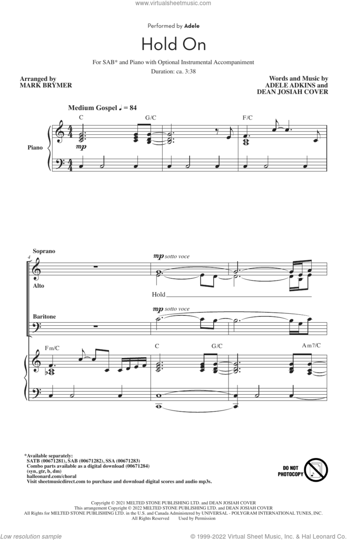 Hold On (arr. Mark Brymer) sheet music for choir (SAB: soprano, alto, bass) by Adele, Mark Brymer, Adele Adkins and Dean Josiah Cover, intermediate skill level