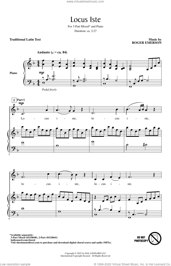 Locus Iste sheet music for choir (3-Part Mixed) by Roger Emerson and Miscellaneous, intermediate skill level