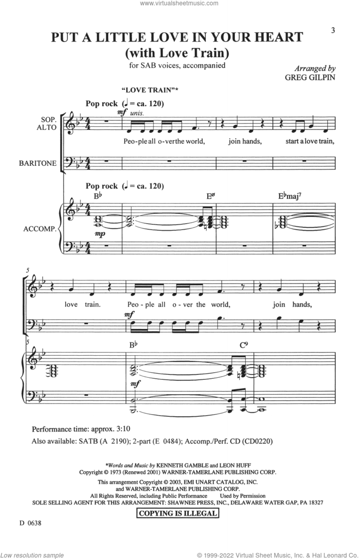 Put A Little Love In Your Heart (with Love Train) sheet music for choir (SAB: soprano, alto, bass) by Kenneth Gamble, Greg Gilpin, Jackie DeShannon, Jimmy Holiday, Leon Huff and Randy Myers, intermediate skill level