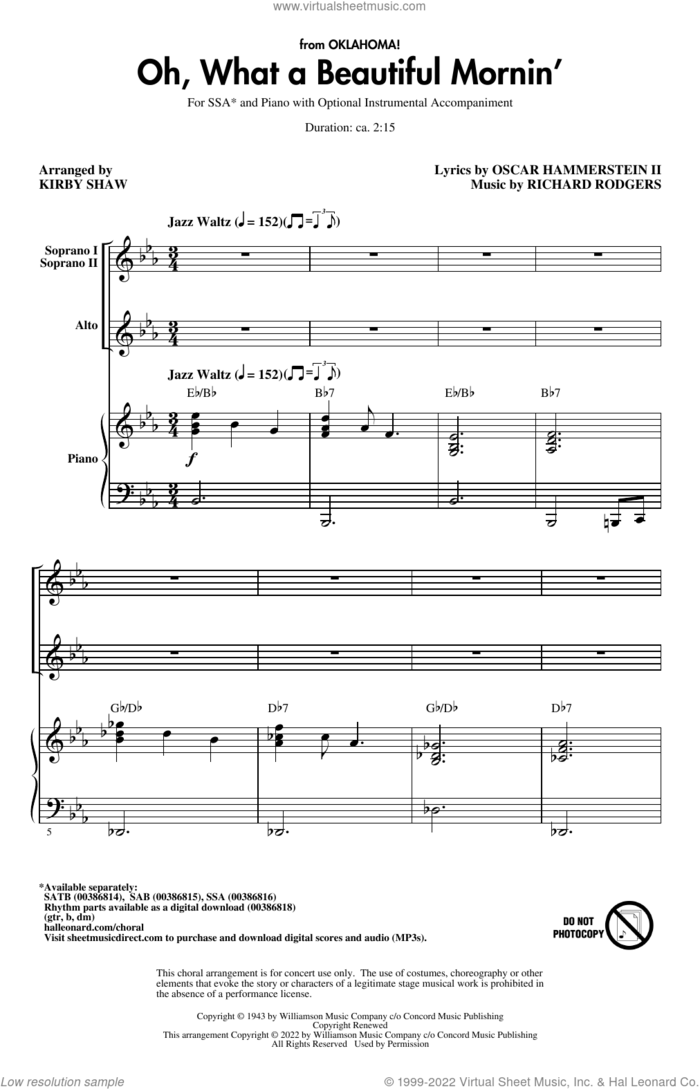 Oh, What A Beautiful Mornin' (from Oklahoma!) (arr. Kirby Shaw) sheet music for choir (SSA: soprano, alto) by Rodgers & Hammerstein, Kirby Shaw, Oscar II Hammerstein and Richard Rodgers, intermediate skill level