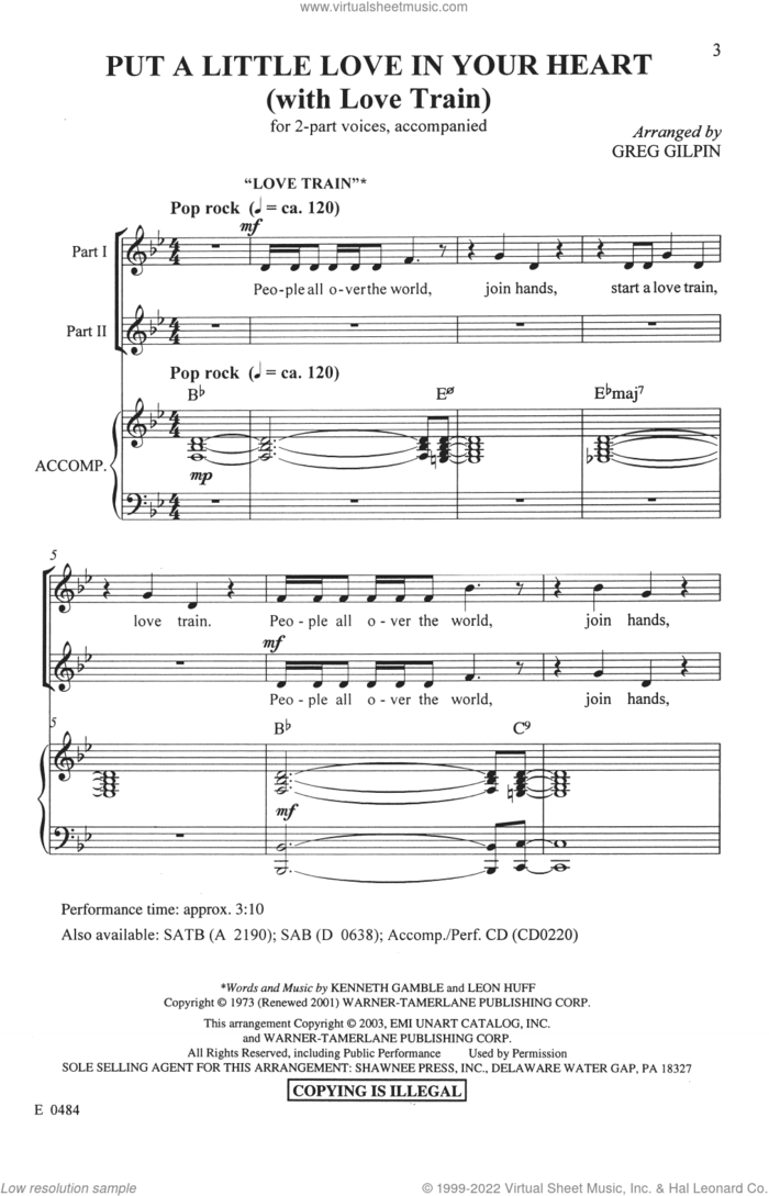 Put A Little Love In Your Heart (with Love Train) sheet music for choir (2-Part) by Kenneth Gamble, Greg Gilpin, Jackie DeShannon, Jimmy Holiday, Leon Huff and Randy Myers, intermediate duet