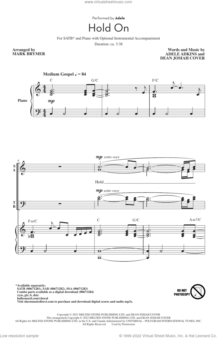 Hold On (arr. Mark Brymer) sheet music for choir (SATB: soprano, alto, tenor, bass) by Adele, Mark Brymer, Adele Adkins and Dean Josiah Cover, intermediate skill level