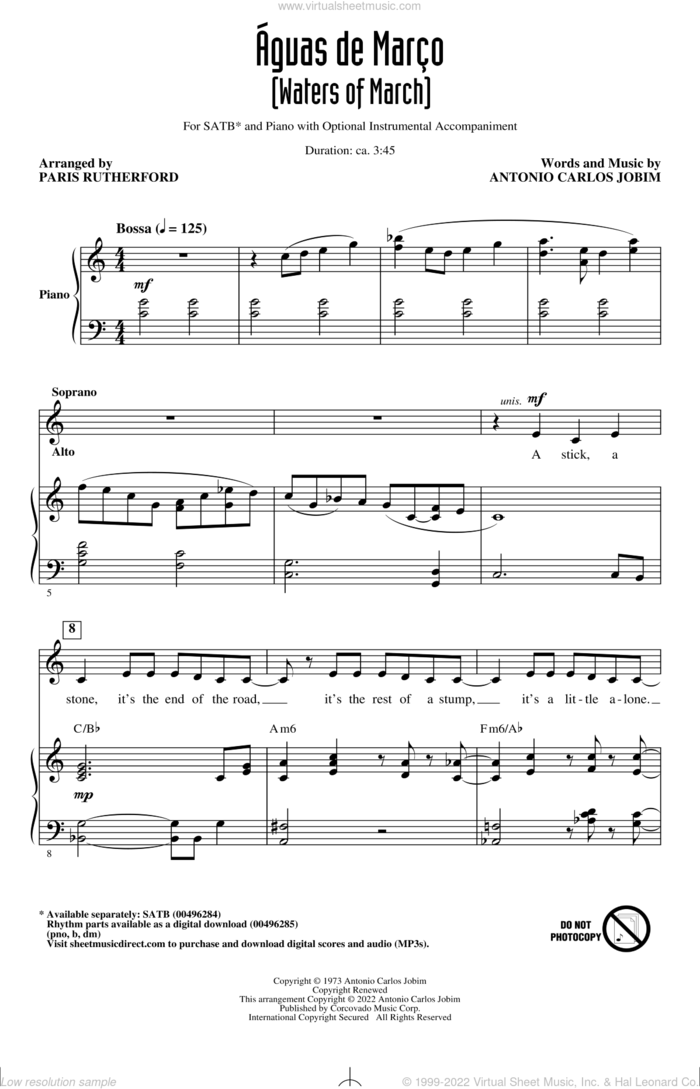 Aguas De Marco (Waters Of March) (arr. Paris Rutherford) sheet music for choir (SATB: soprano, alto, tenor, bass) by Antonio Carlos Jobim and Paris Rutherford, intermediate skill level