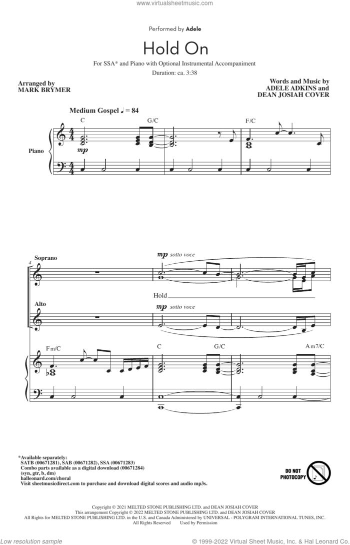 Hold On (arr. Mark Brymer) sheet music for choir (SSA: soprano, alto) by Adele, Mark Brymer, Adele Adkins and Dean Josiah Cover, intermediate skill level