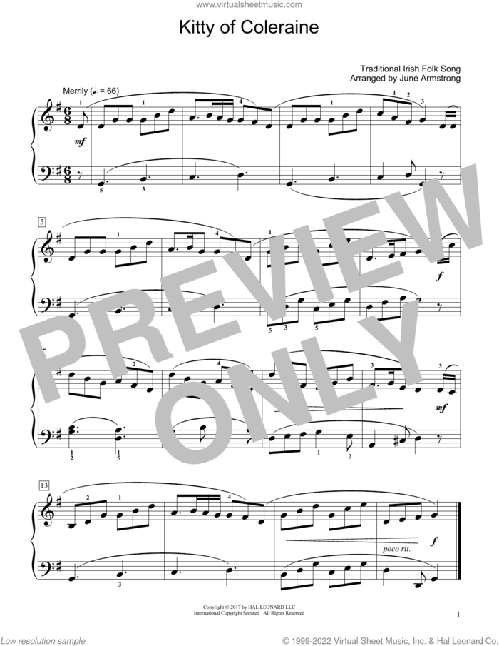 Kitty Of Coleraine (arr. June Armstrong) sheet music for piano solo (elementary)  and June Armstrong, beginner piano (elementary)