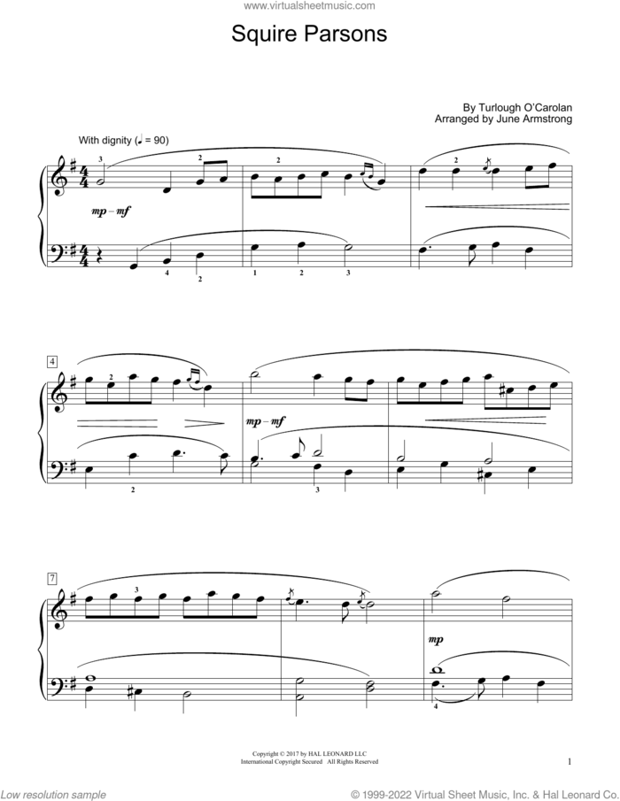 Squire Parsons (arr. June Armstrong) sheet music for piano solo (elementary) by Turlough O'Carolan and June Armstrong, beginner piano (elementary)