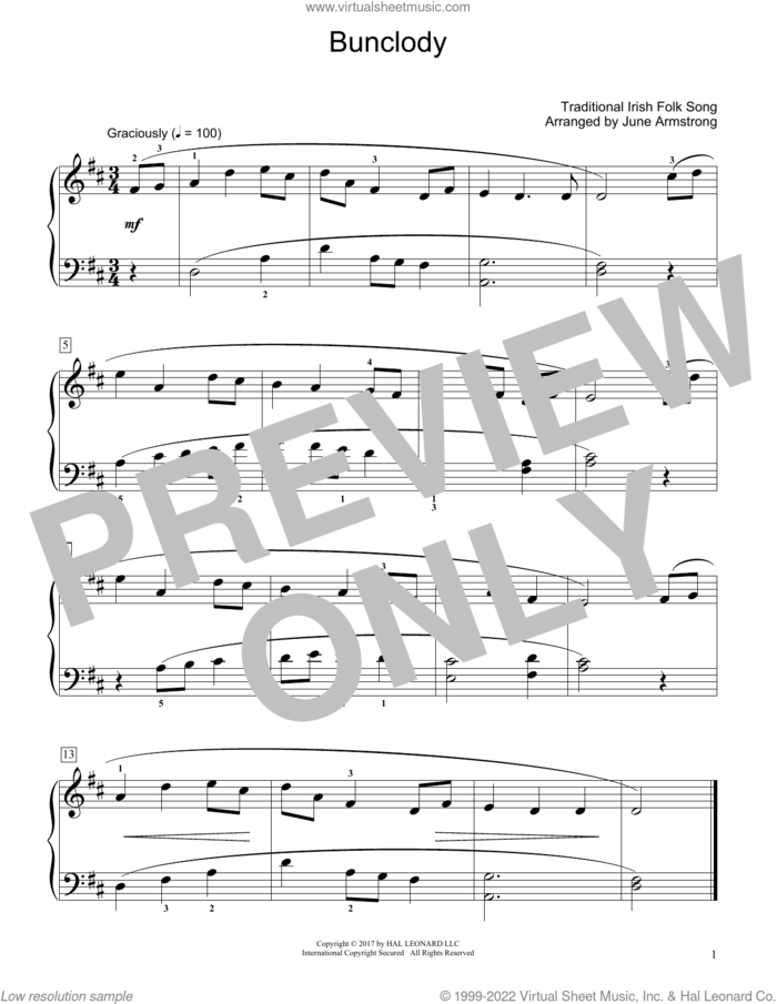 Bunclody (arr. June Armstrong) sheet music for piano solo (elementary)  and June Armstrong, beginner piano (elementary)