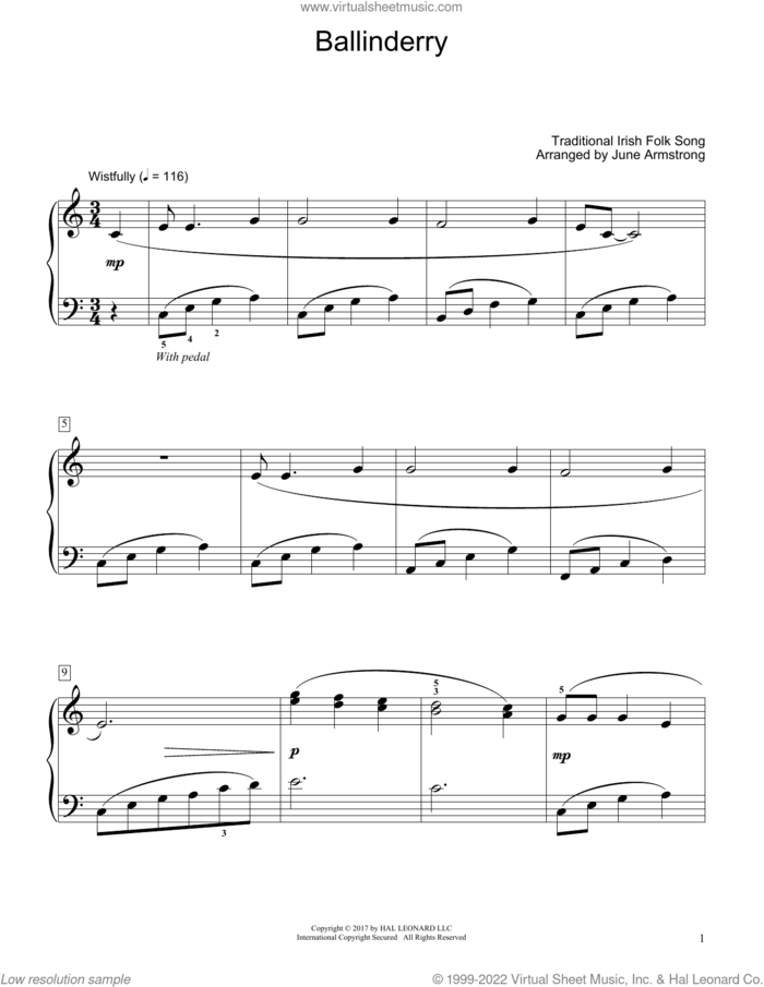 Ballinderry (arr. June Armstrong) sheet music for piano solo (elementary)  and June Armstrong, beginner piano (elementary)