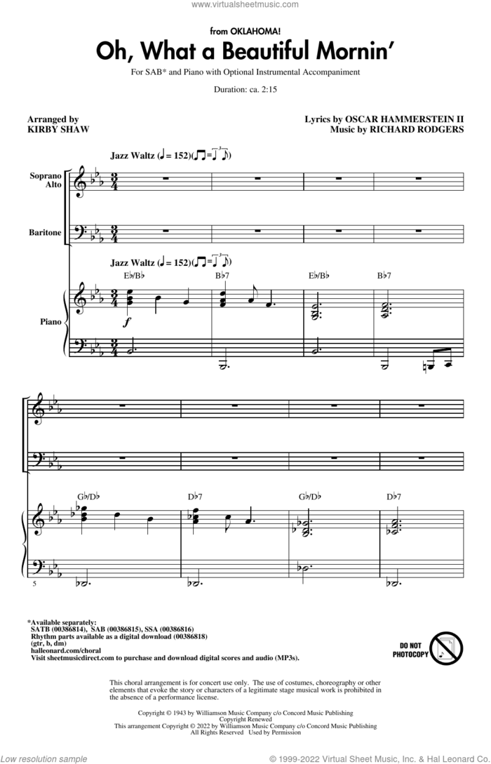 Oh, What A Beautiful Mornin' (from Oklahoma!) (arr. Kirby Shaw) sheet music for choir (SAB: soprano, alto, bass) by Rodgers & Hammerstein, Kirby Shaw, Oscar II Hammerstein and Richard Rodgers, intermediate skill level