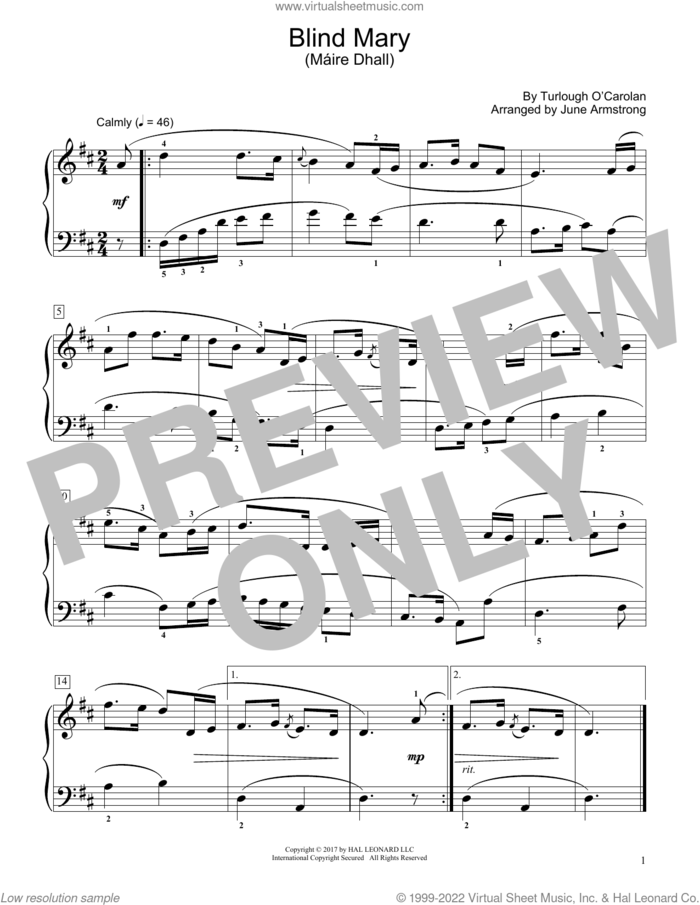 Blind Mary (Maire Dhall) (arr. June Armstrong) sheet music for piano solo (elementary) by Turlough O'Carolan and June Armstrong, beginner piano (elementary)