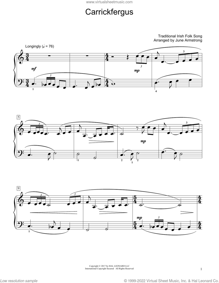 Carrickfergus (arr. June Armstrong) sheet music for piano solo (elementary)  and June Armstrong, beginner piano (elementary)