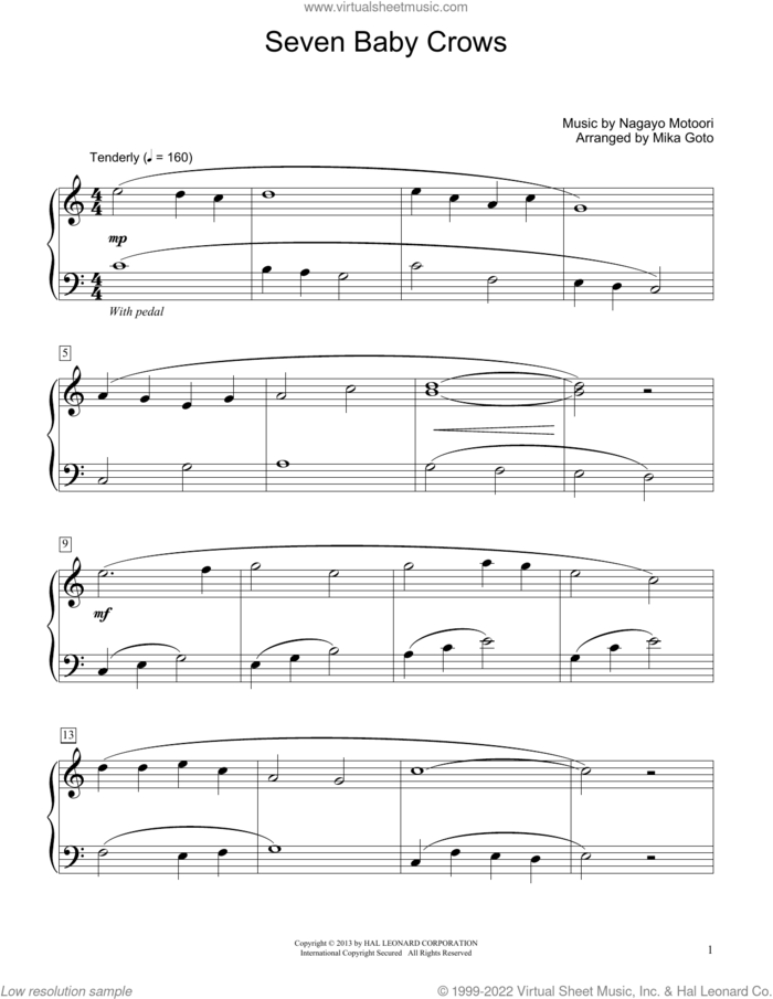 Seven Baby Crows (arr. Mika Goto) sheet music for piano solo (elementary) by Traditional Japanese Folk Song, Mika Goto and Nagayo Motoori, beginner piano (elementary)