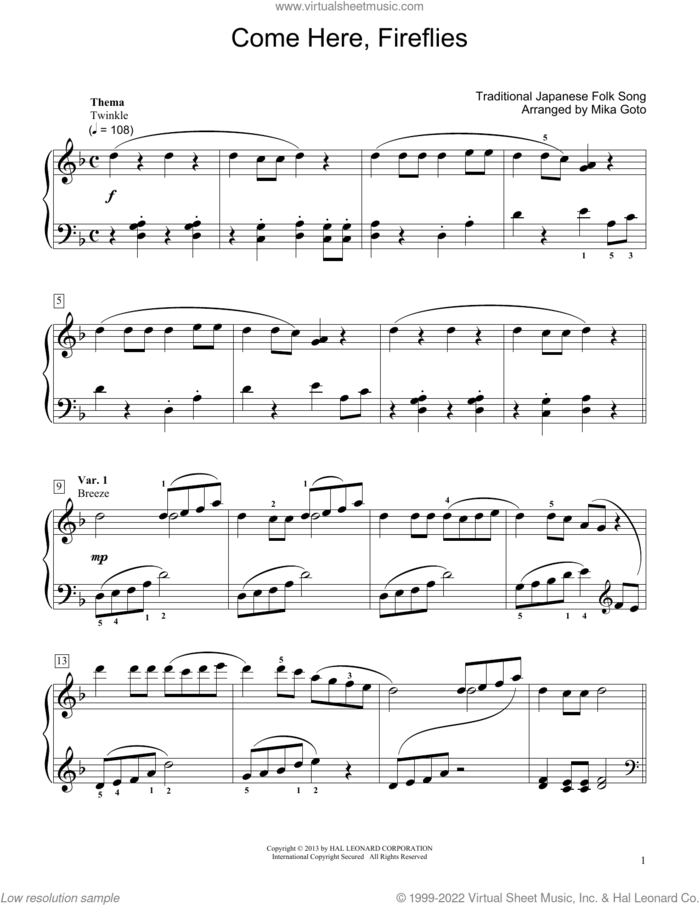 Come Here, Fireflies (arr. Mika Goto) sheet music for piano solo (elementary) by Traditional Japanese Folk Song and Mika Goto, beginner piano (elementary)