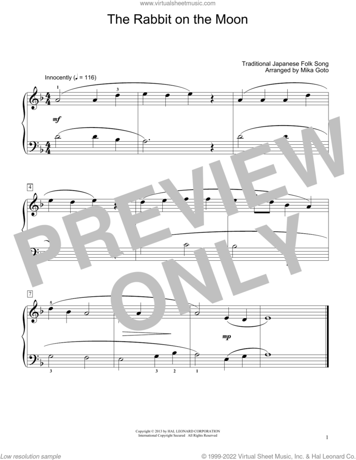 The Rabbit On The Moon (arr. Mika Goto) sheet music for piano solo (elementary) by Traditional Japanese Folk Song and Mika Goto, beginner piano (elementary)