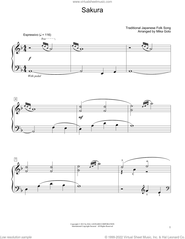 Sakura (arr. Mika Goto) sheet music for piano solo (elementary) by Traditional Japanese Folk Song and Mika Goto, beginner piano (elementary)