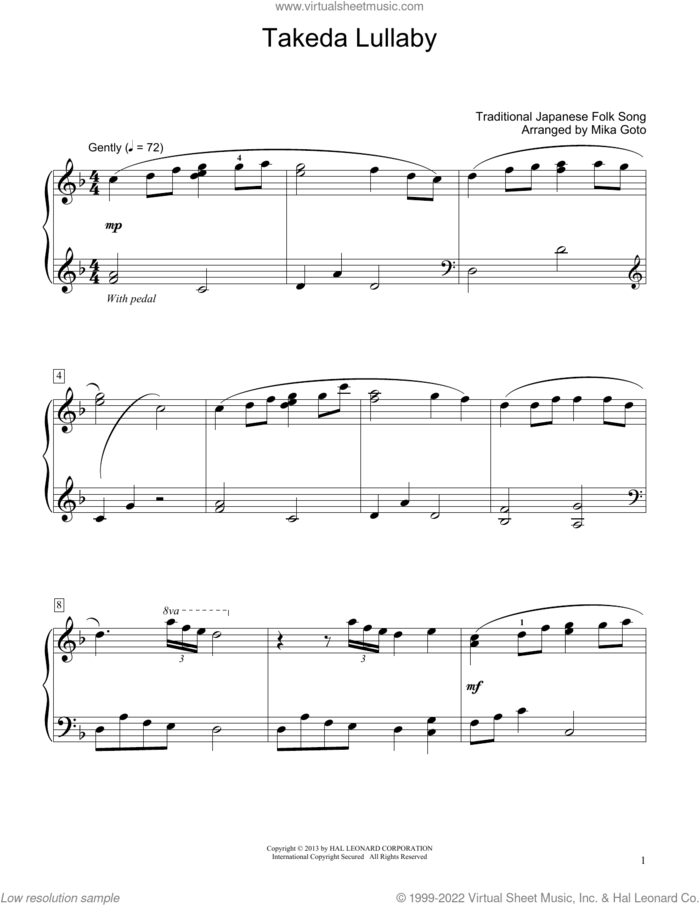 Takeda Lullaby (arr. Mika Goto) sheet music for piano solo (elementary) by Traditional Japanese Folk Song and Mika Goto, beginner piano (elementary)