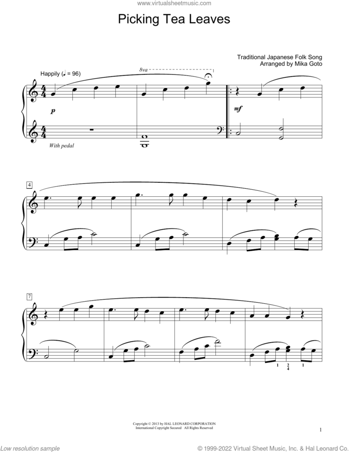 Picking Tea Leaves (arr. Mika Goto) sheet music for piano solo (elementary) by Traditional Japanese Folk Song and Mika Goto, beginner piano (elementary)