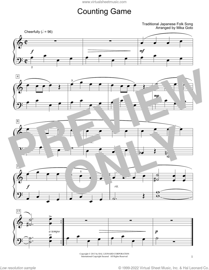 Counting Game (arr. Mika Goto) sheet music for piano solo (elementary) by Traditional Japanese Folk Song and Mika Goto, beginner piano (elementary)