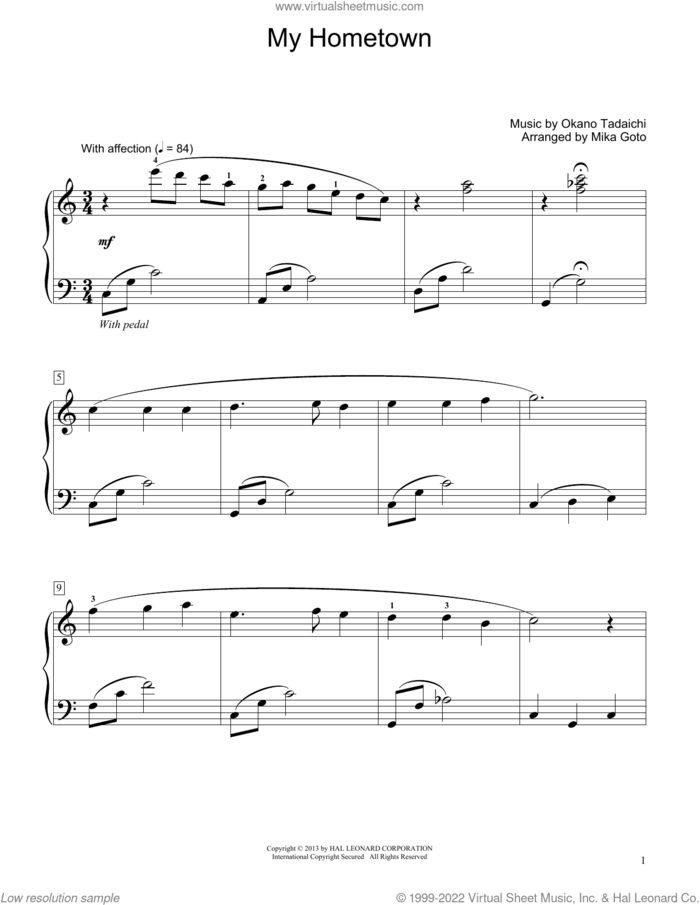 My Hometown (arr. Mika Goto) sheet music for piano solo (elementary) by Okano Tadaichi and Mika Goto, beginner piano (elementary)