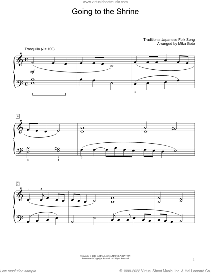 Going To The Shrine (arr. Mika Goto) sheet music for piano solo (elementary) by Traditional Japanese Folk Song and Mika Goto, beginner piano (elementary)