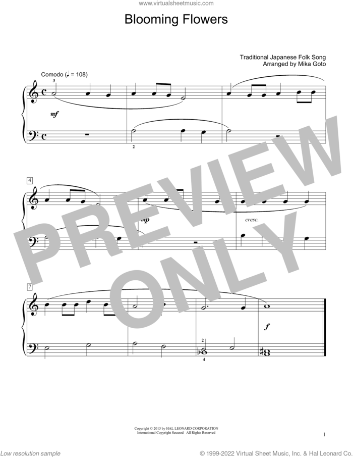 Blooming Flowers (arr. Mika Goto) sheet music for piano solo (elementary) by Traditional Japanese Folk Song and Mika Goto, beginner piano (elementary)