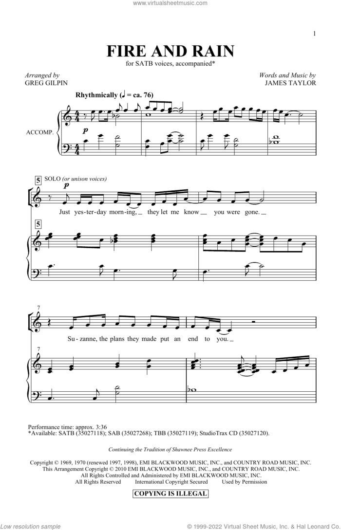 Fire And Rain (arr. Greg Gilpin) sheet music for choir (SATB: soprano, alto, tenor, bass) by James Taylor and Greg Gilpin, intermediate skill level